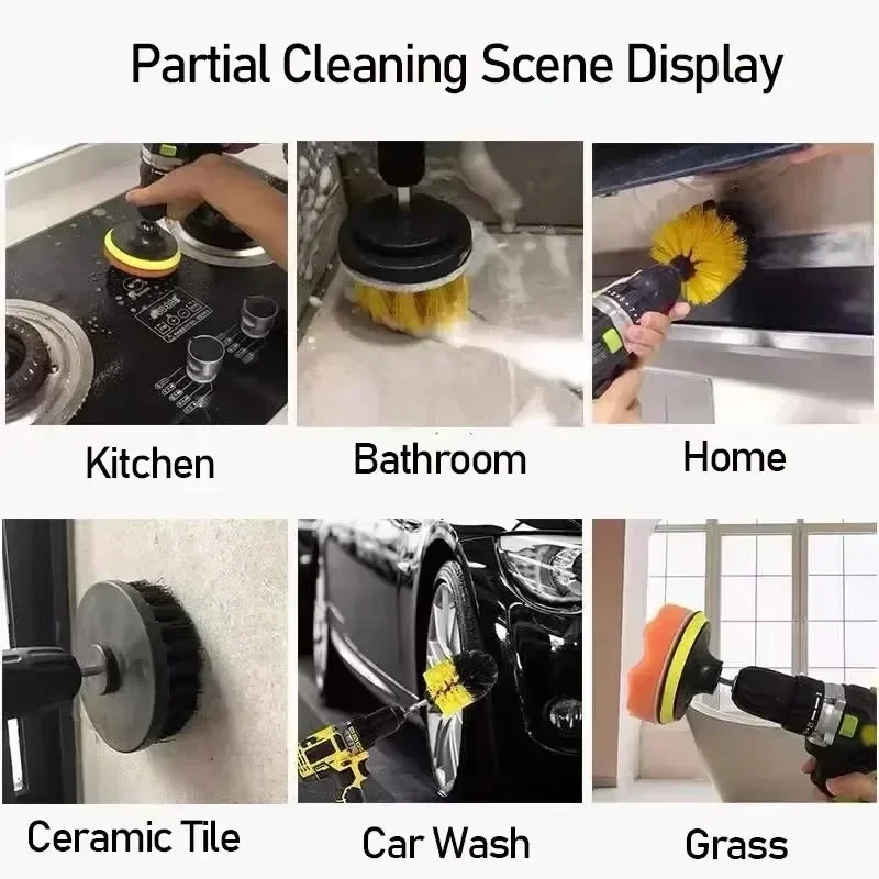 7-Piece Drill Brush Attachment Set, Cleaning Brush Tool Kit, Multi-Purpose Drill Brush with Extension Pole for Floor, Automotive
