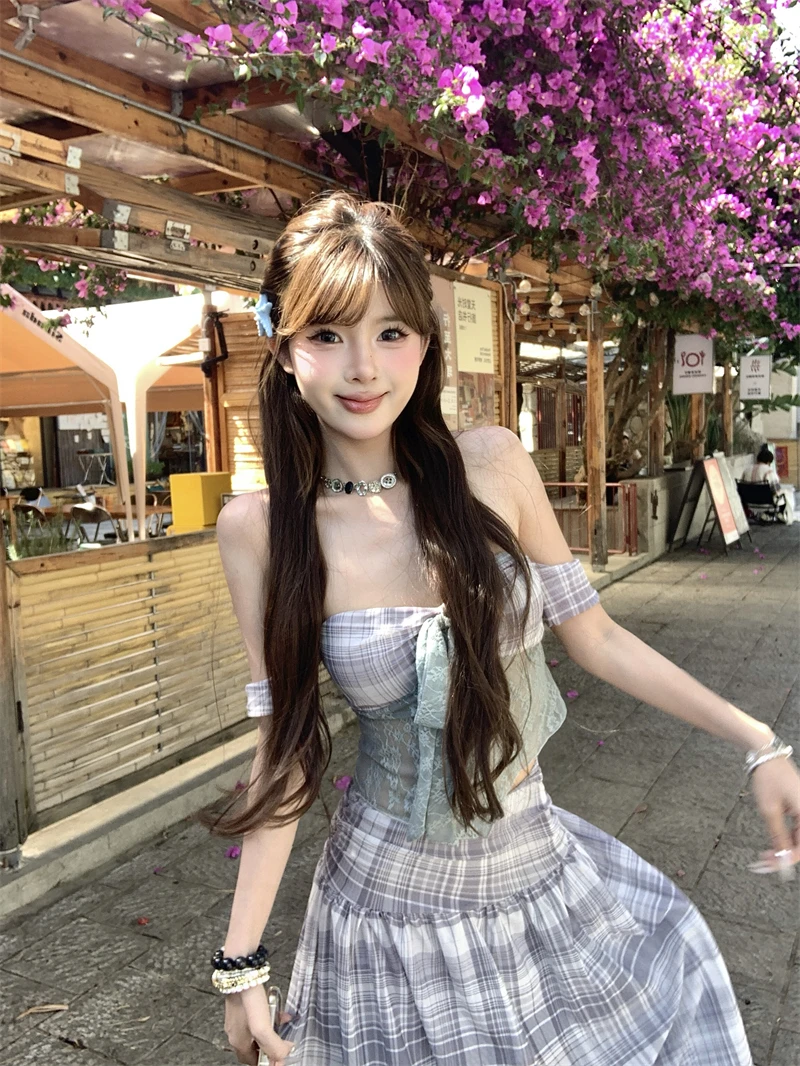 

Elegant Lace Splicing Crop Top And Skirt Set Women's Summer Anti-Aging Versatile Knot Design Two-Piece Outfit