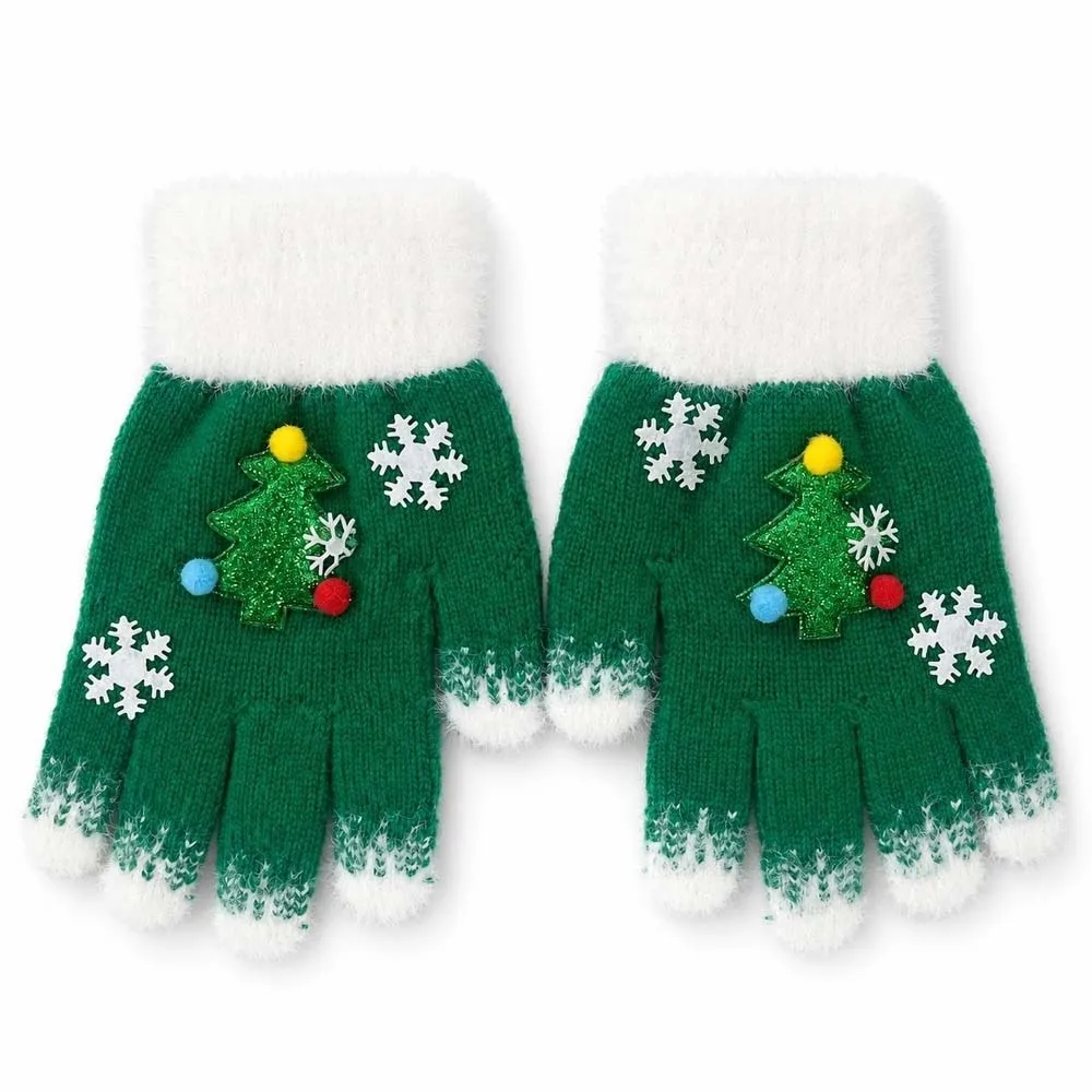 Red Green Christmas Gloves Knitted Woolen Elastic Wrist Winter Knit Mittens Double Colored Thick Lining Full Finger Gloves