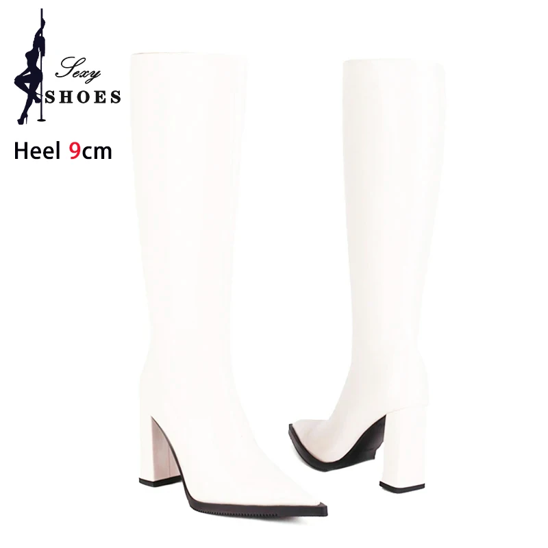 White Pointy Boots For Women 2023 Autumn Winter Chunky Heel Long Shoes Fashion Ladies Party High Heels Plus Size Knee High Boots