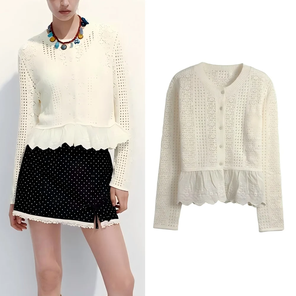 

Женский новый модный короткий вязаный кардиган с вышивкой по краю в стиле ретро, женское пальто на пуговицах с длинными рукавами, шикарный топ