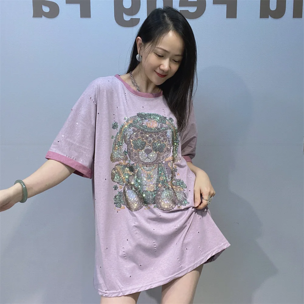 Colorblock Large Size Summer Women Short Sleeve T-shirt Cartoon Hot Diamonds Round Neck Pullover Top Mid-long Casual T Shirts