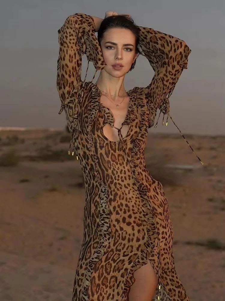 Chiffon Ruffle Leopard Print Long Dress Women's Fashion Deep V Slit Long Sleeves Slim Sexy Strappy Summer Long Dress 2024