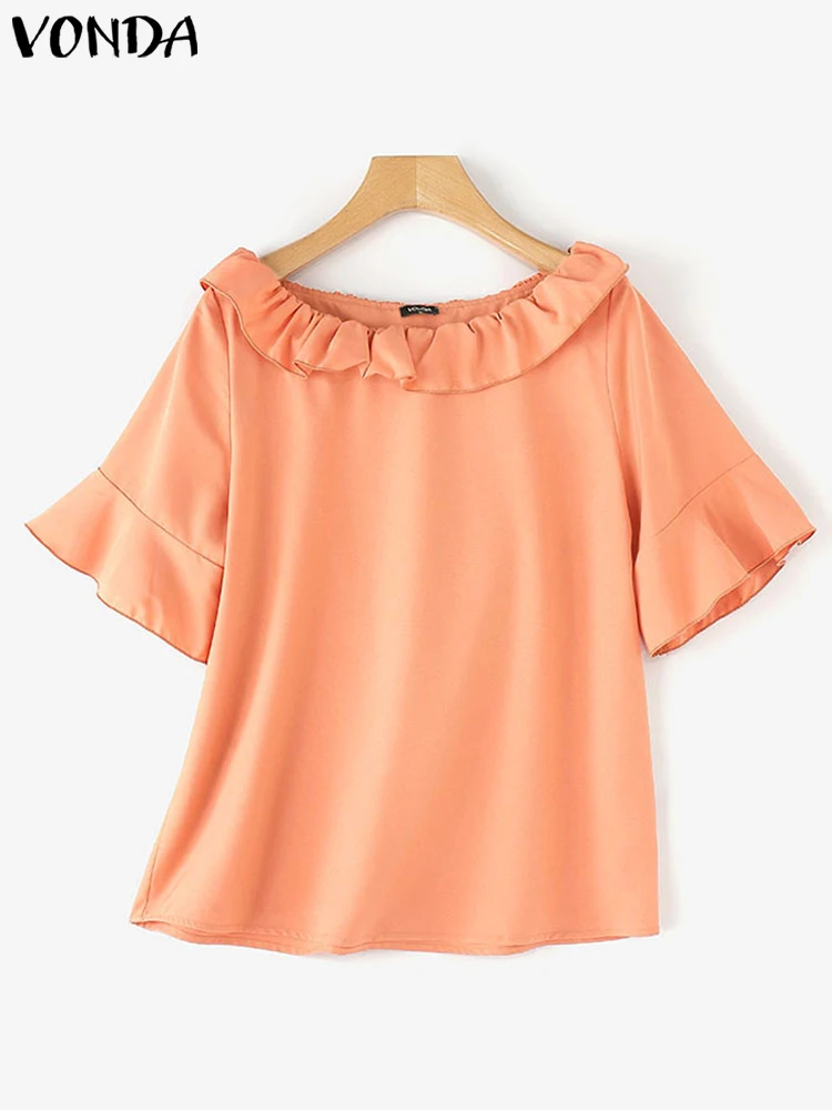VONDA atasan blus Ruffle wanita kemeja Bohemian 2024 atasan pesta wanita tunik elegan kerah O lengan setengah kasual musim panas