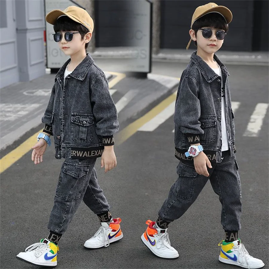 Cool Jean Spring Autumn Baby Boys Boys Set Kids Coat +Pants Outfits Teenage Casual Tops Children Clothing Suit High Quality