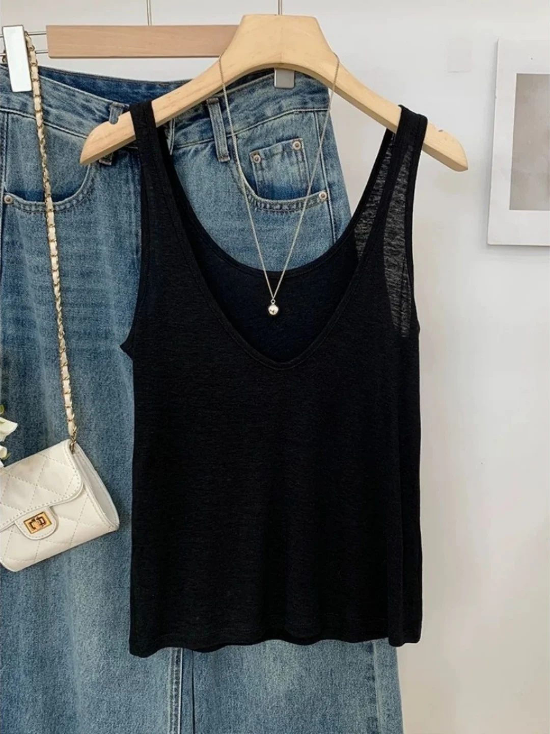 Loose V-Neck Sleeveless Vest Korean Style Pure Color Casual Backless Two-Way Wear Large Size Base Shirt for Women