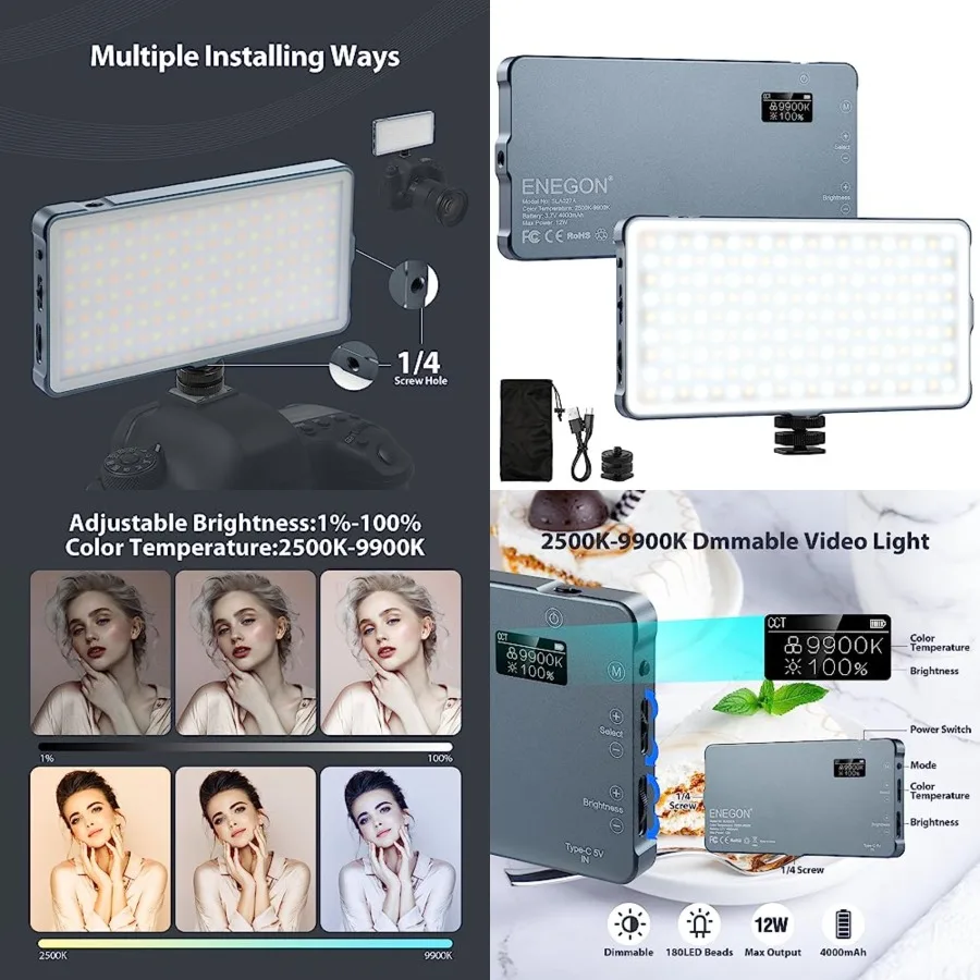 

ENEGON 4000mAh Rechargeable Mountable Bicolor Video with Mini Panel for Professional DSLR s Photo Video ing Long Battery Life F