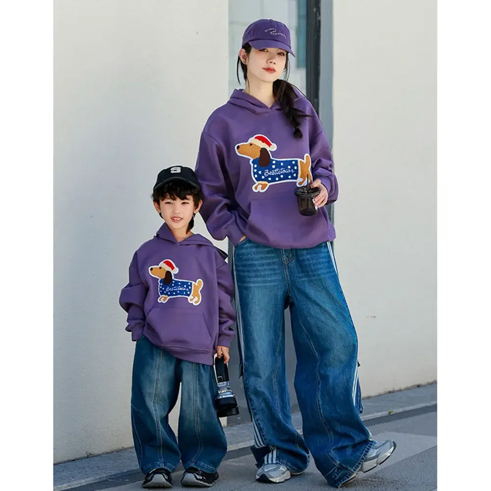 2026 Autumn Family Matching Hoodies Cartoon Embroidery Unisex Parent-Child Outfit Cute Kids Clothes Korean Children's Clothing