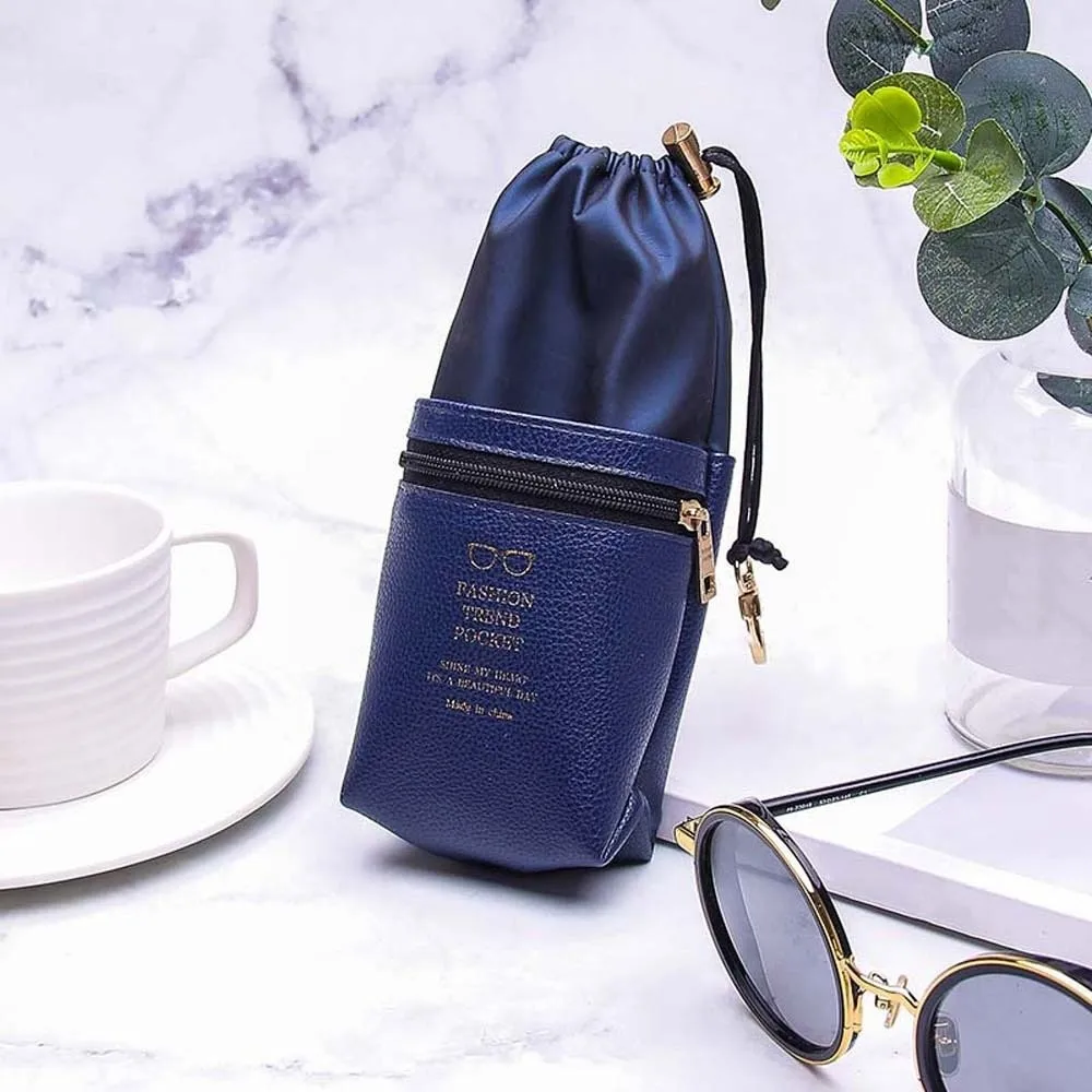Portable Drawstring Glasses Organizer Double-layer Large Capacity Eyewear Storage Bag Leather with Key Ring
