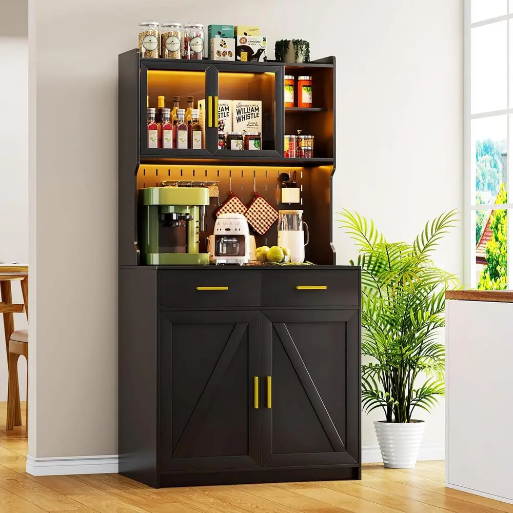 

Кухонный шкаф-комод с автоматическим датчиком освещения (64 светодиода), с местом для хранения, розетками, портами USB-C, перфорированной панелью и 2 выдвижными ящиками