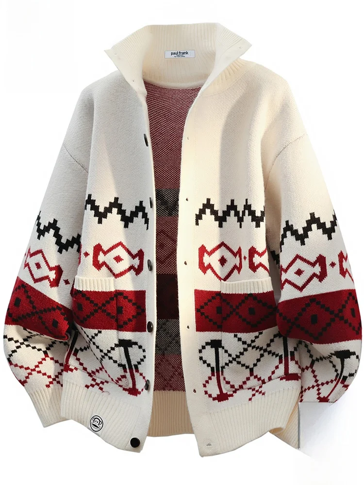 

Мужской теплый повседневный вязаный кардиган Paul Frank с воротником-стойкой, свободного кроя, с цветочным узором и принтом обезьяны Big Mouth, стандартный размер