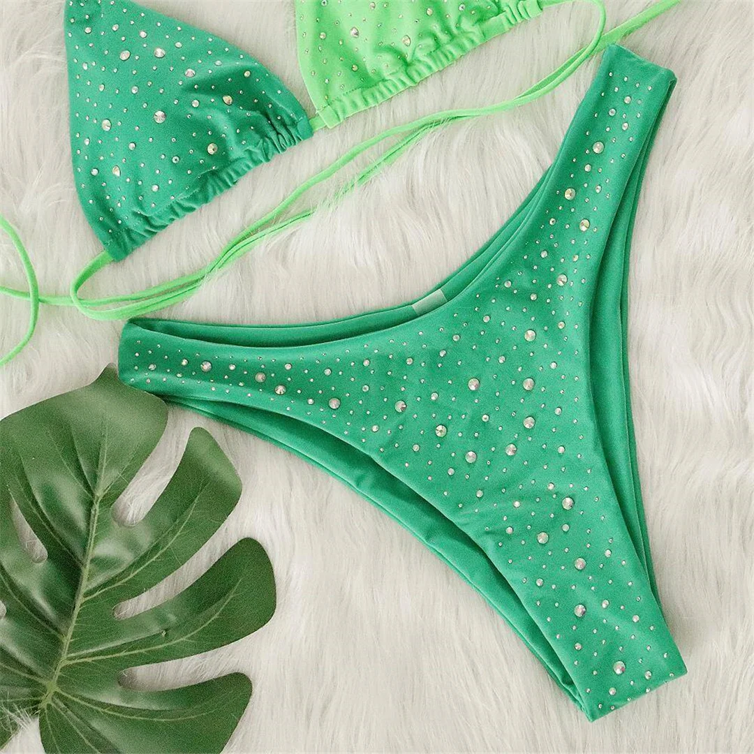 Splicing Neckholder-Bikini mit Diamant-Strasssteinen, Damen-Badeanzug, zweiteiliges Bikini-Set, Badebekleidung, Badeanzug, Schwimmanzug V6467 – Detail 4