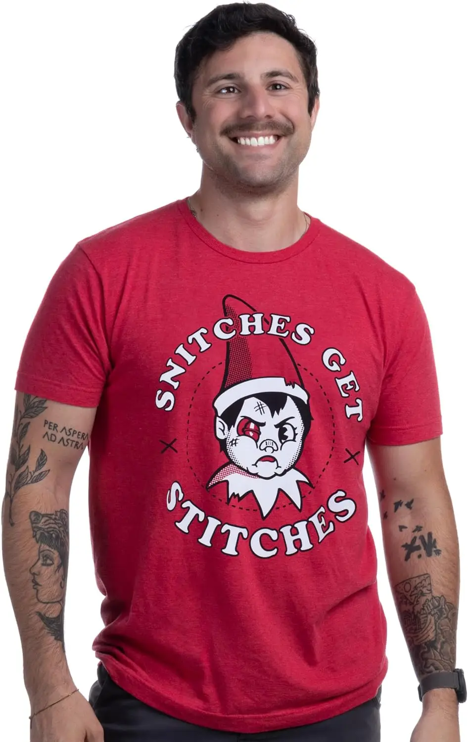 Snitches Get Stitches T-Shirt - Funny Christmas Elf X-mas Sweater Shelf Holiday Novelty Tee Shirt for Men Women