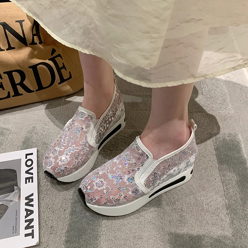 Female Wedge Shoes Sequin Mesh Breathable Shoes Women White Gold Platform Sneakers Women Height Increasing Wedges Shoes Casual