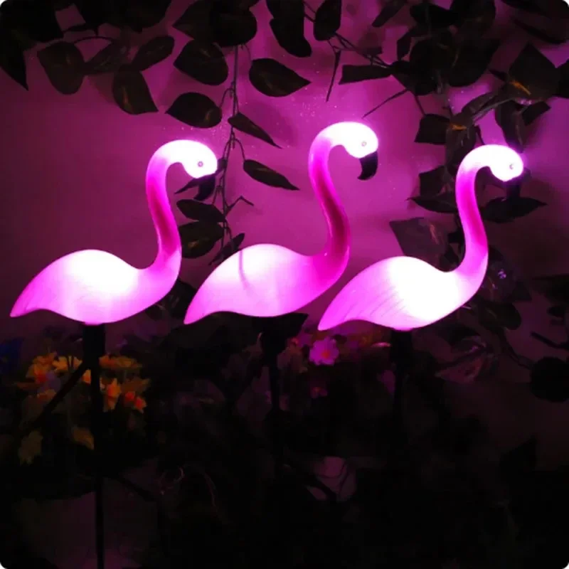 Solar Flamingo Ground Lamp, Exterior, Pátio, Decoração do jardim, LED Simulation Lights, 3pcs