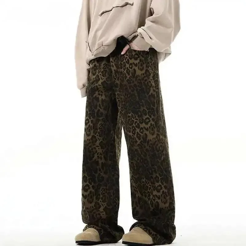 High Street Men's Jeans Leopard Print Casual Vintage American Denim Pants Straight Wide Leg Loose Male Trousers New 9W26TC