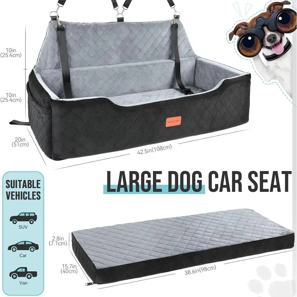 Under 100 lbs Large Dog Car Seat, Washable Bed for 2 Medium Dogs, Detachable Pet Seat with Storage and Seat Belt, Back Seat Dog