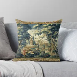 PARK SCENE WITH TREES,SITTING COUPLE AND HUNTERS IN WOODLAND LANDSCAPE Antique Flemish Tapestry Throw Pillow Cushions