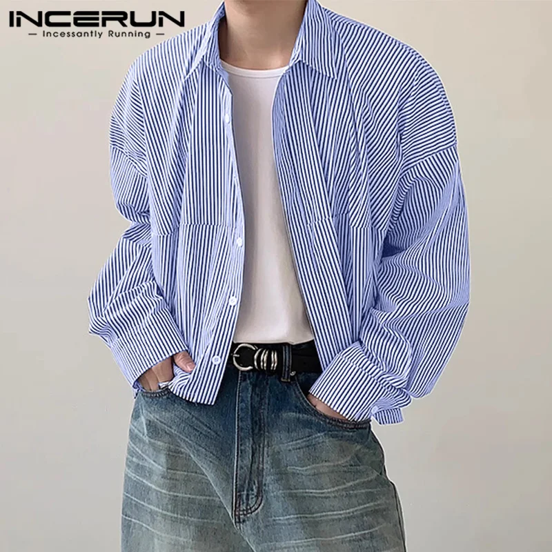 INCERUN Tops 2024 Korean Style Handsome Men\'s Simple Thin Stripe Design Shirts Casual Streetwear Lapel Long Sleeved Blouse S-5XL