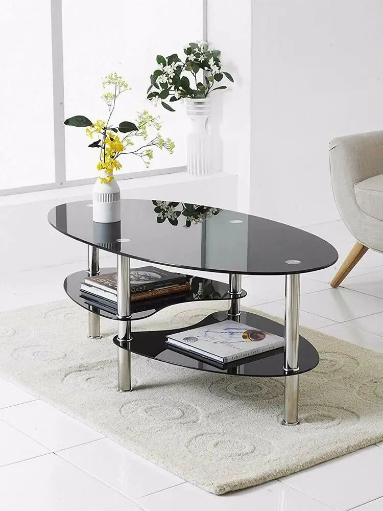 Glas-Couchtisch, Glas-Tisch mit 3 Ebenen, ovaler Wohnzimmertisch, Couchtisch, Sofatisch für Wohnzimmer und Büro, 90 x 50 x 45 cm