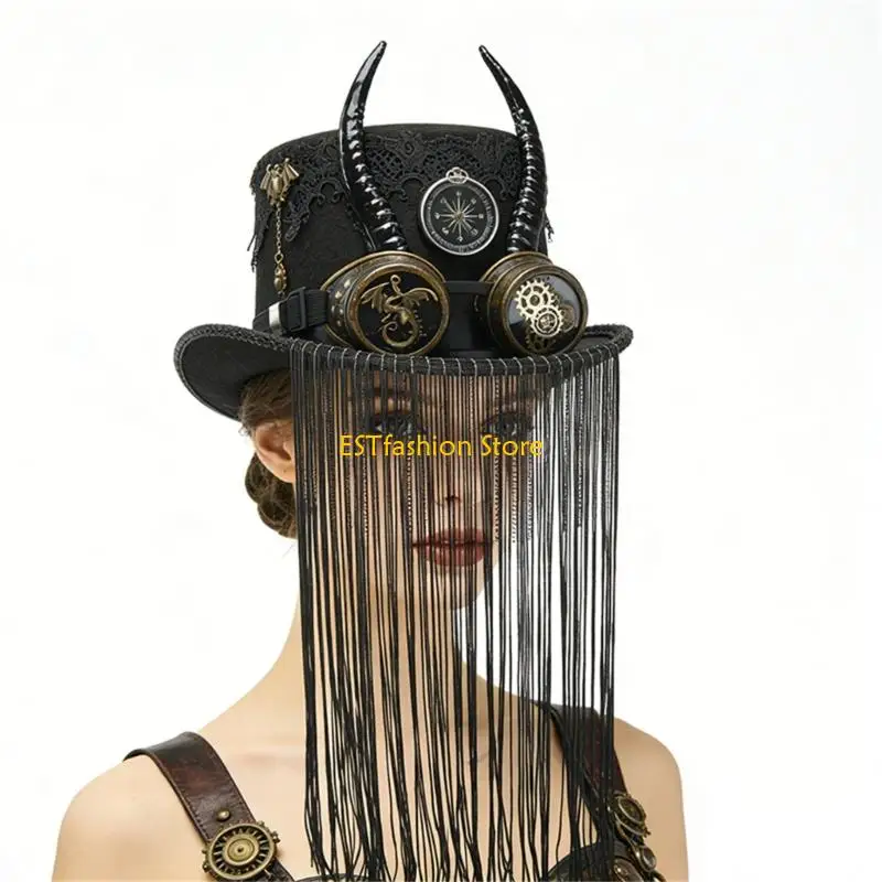 Y5GC Fashionable Gothic Rock Cap With Goat Horn Accents And Decorative Fringes Halloween Accessory For Concert Goers