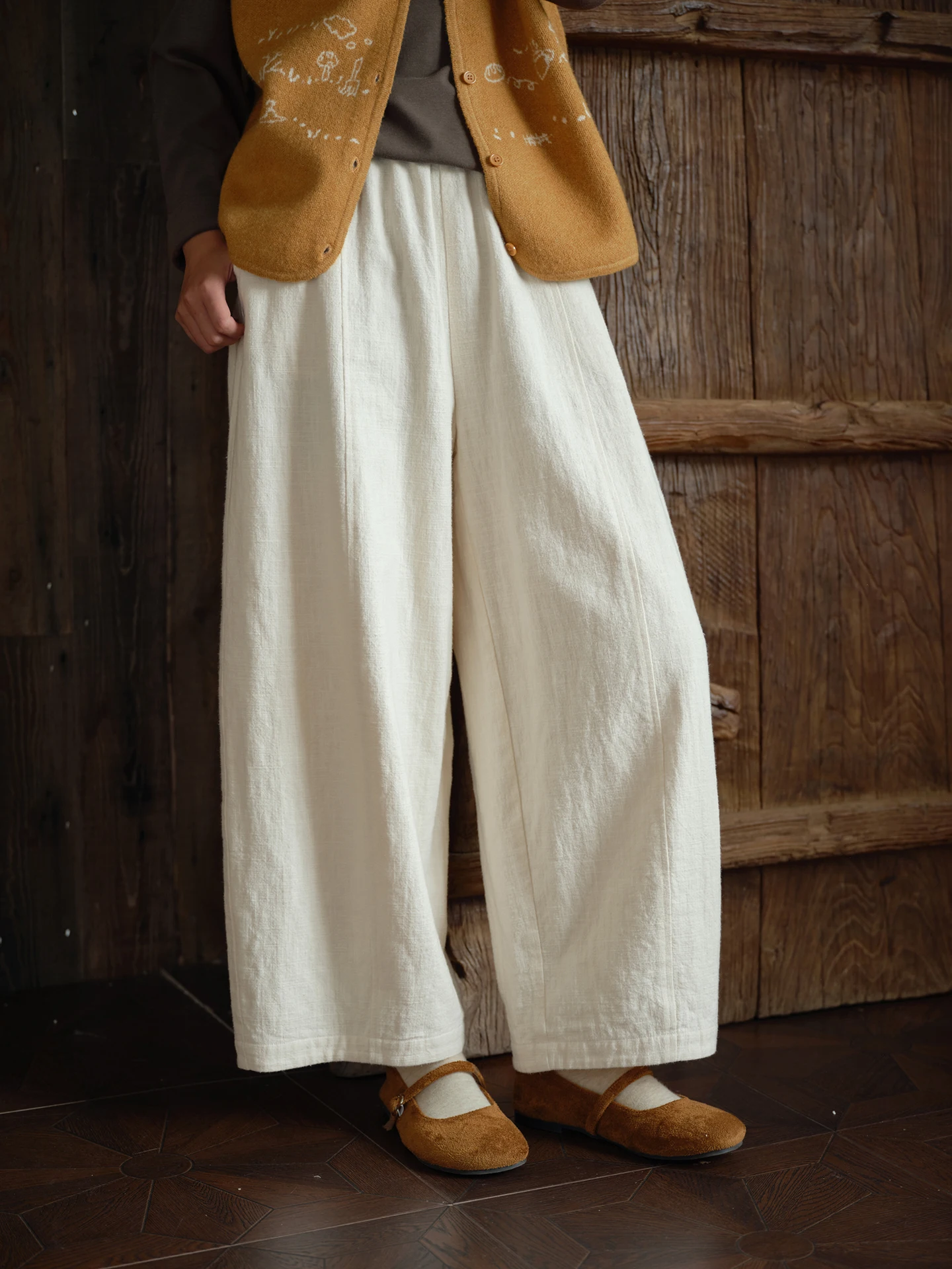 Original Pure White Wide Leg Casual Pants Women's Small Size Elastic Waist Nine Points Autumn Season Cotton Linen Blend Trousers