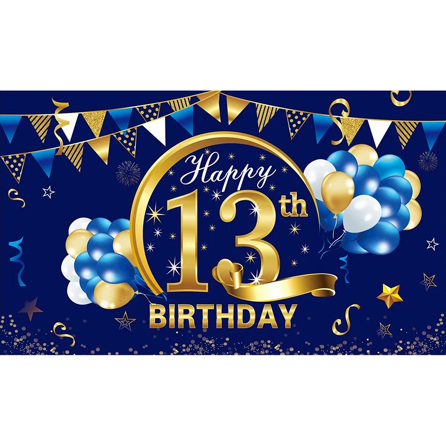 Happy 13th Birthday Party Decoration Backdrop for Teenager Boys Blue and Gold Thirteen 13 Years Old Bday Table Banner Background