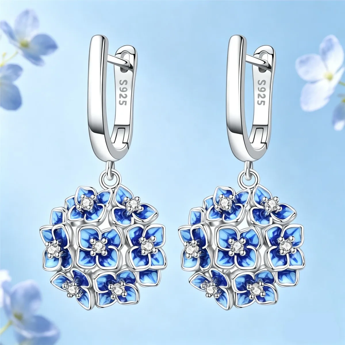 S925 Sterling Silver Earring Elegant Flower Blue Hydrangea Earrings for Women Daily Wear Birthday Gift Fine Jewelry Women Gift