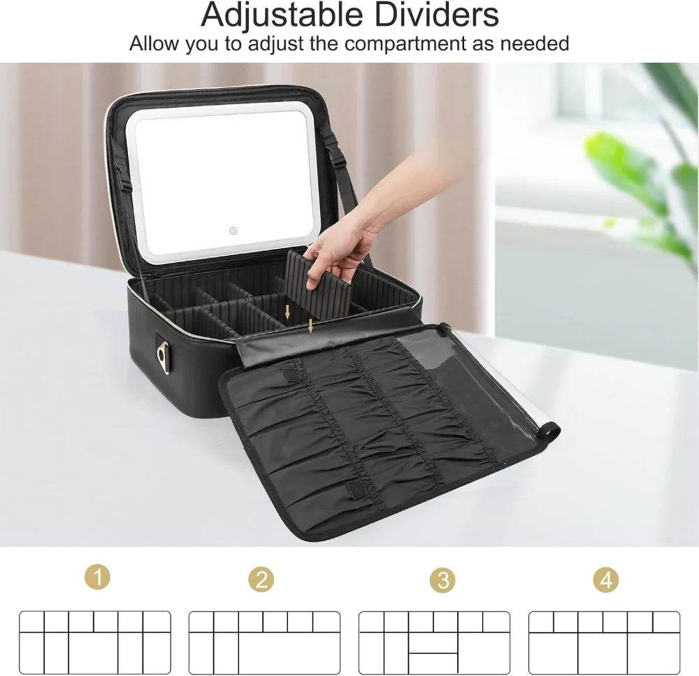 16.2" LED Makeup Case with 3-Color Lighted Mirror, Adjustable Dividers, USB Rechargeable, Travel Cosmetic Organizer for Artists view 2