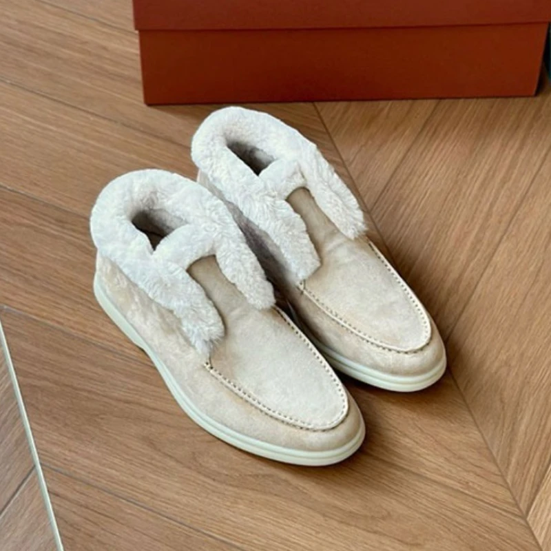 أحذية النساء الكاحل فراء الأحذية أزياء النساء أحذية جلدية بدون كعب شقة 2025 أحذية الشتاء عالية الجودة مريحة الصوف الثلوج