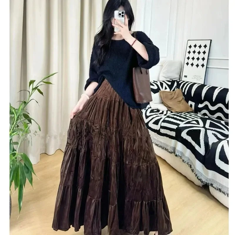 

Korean Women High Waist Casual Maxi Skirt Autumn Female A-line Large Swing Skirt 2025 Ladies Fashion Patchwork Fold Long Skirts