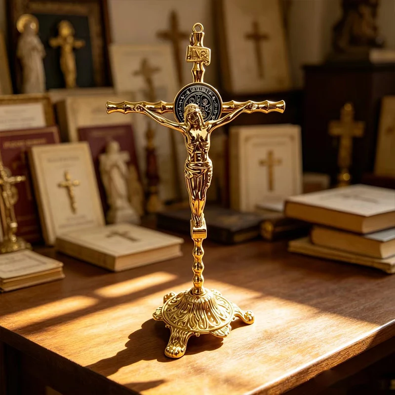 New 2026 Ornate Gold Tone Tabletop Crucifix with Jesus Figure and Saint Benedict Medal for Catholic Home Altar and Prayer Gift