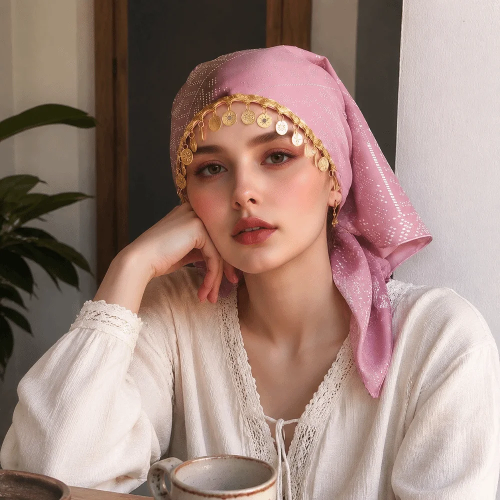New Polyester Triangle Headscarf Breathable Sequin Golden Beaded Hijab Floral Print Lightweight Elegant Turban Hat Daily