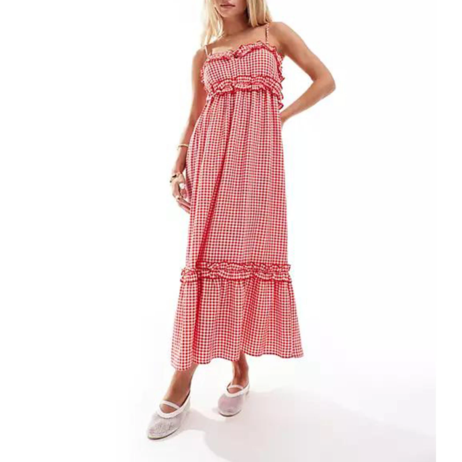 Women's Clothing Trendy Vintage Long Dress Plaid Ruffles Sleeveless Spaghetti Strap Dress Summer Casual Cami Dresses