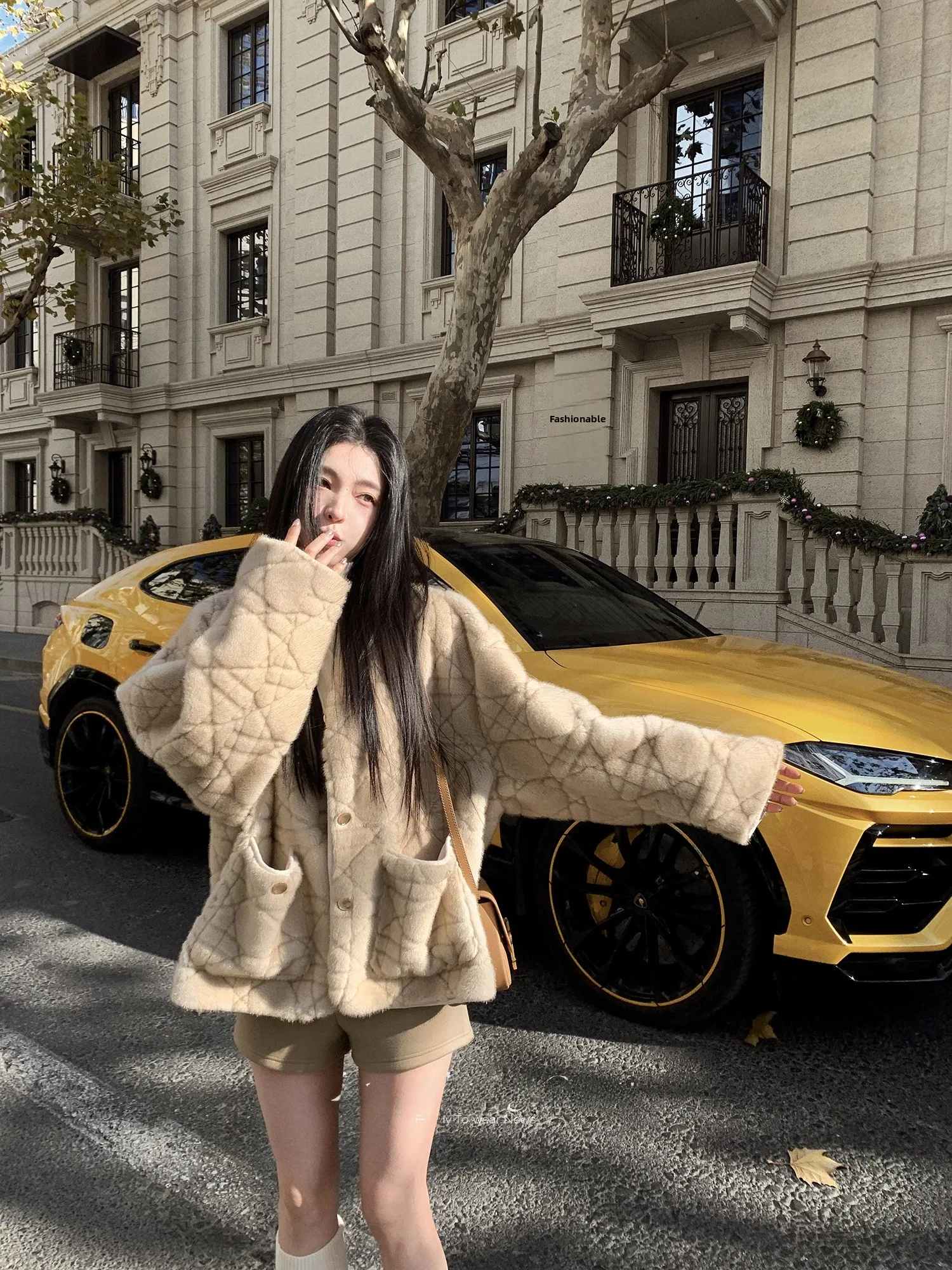 

Loose Warm Fur Jaet Eco-friendly Rabbit Fur Skin Inteated Small Fraance Sle Korean Version Long Sve round Ne