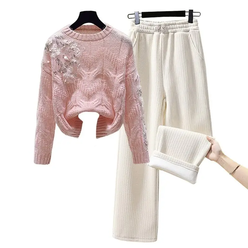 Kpop Winter New Plush Thickened Wide Leg Pants Sequin Decoration Knitted Sweater Pullover Two-piece Elegant Women\'s Pants Set