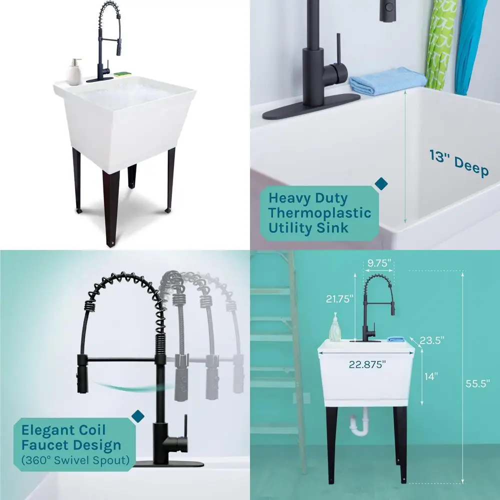 

Extra-Deep White Laundry Tub with Matte Black High-Arc Sprayer Faucet, Integrated Supply Lines for Deep Cleaning Efficiency