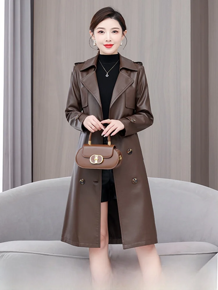 

Spring Autumn 2025 New Sle Women's Long Slim Fit Leather Jaet Korean Version Woolen Coat with Belt Windbreaker Outerwear