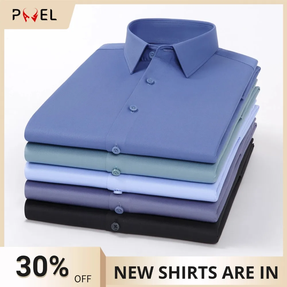 

Мужские классические рубашки с длинным рукавом, эластичные рубашки без морщин, классическая однотонная деловая рубашка на пуговицах без кармана