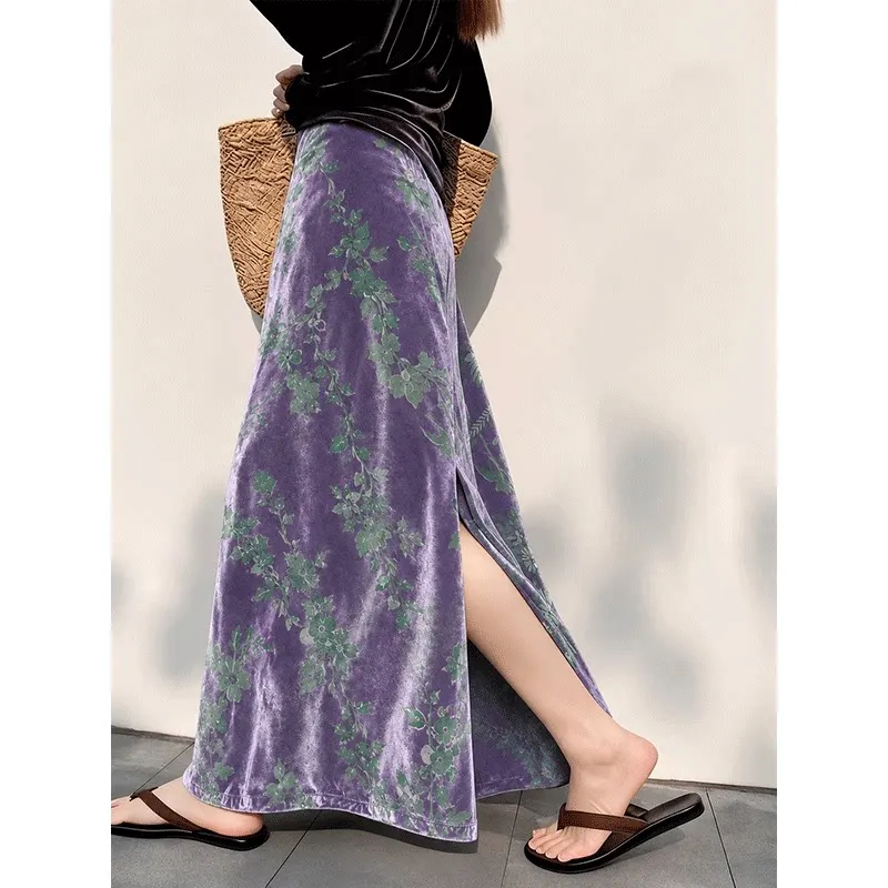 Spring Fall Women High Waited Floral Pattern Placket A Line Purple Velvet Skirt , Woman Vintage Long Ankle Length Velour Skirts