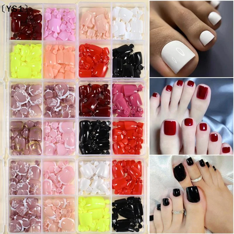 〔YS1〕96 Pcs 4 Grid Short Square Full Cover False Toenail Tips Artificial Acrylic Foot Nail Art Extension Wearable