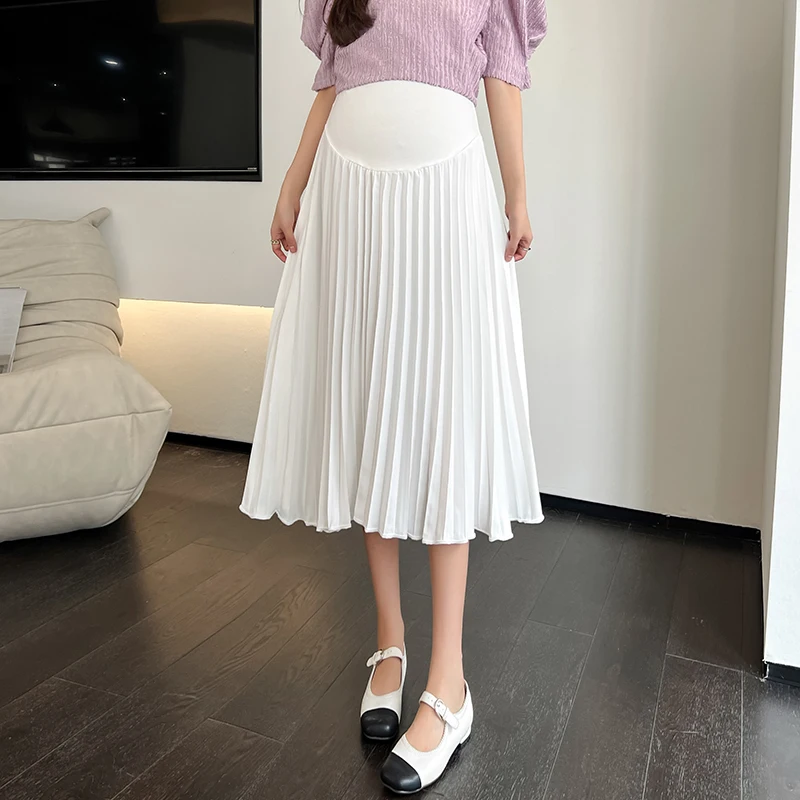 Y2k Summer Pleated Chiffon Maternity Skirts White Black Elastic Waist Belly Pants Clothes for Pregnant Women Youth Pregnancy