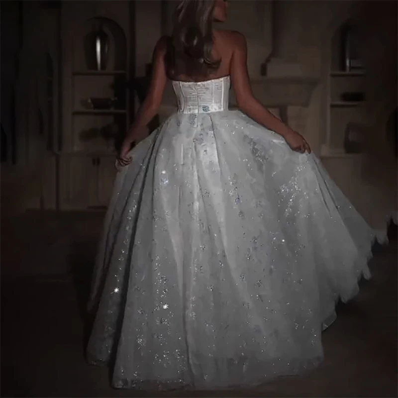 Silvery Strapless Formal Evening Dresses Cut-out Lace Shiny Printing Bow Birthday Party Prom Gowns Customized robes de soirée