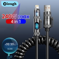 Elough 240W USB To Type c/Lightning Fast Charging Cable 4 In1 Car Spring Data Cable for iphone1516 Samsung Laptops Tablets