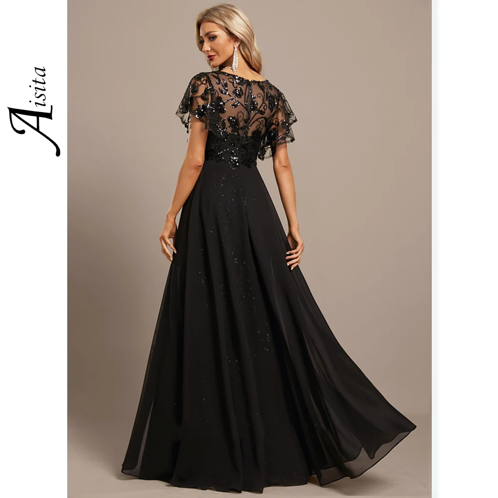 New Sheath Evening Dress V-Neck Illusion Party Dresses Chiffon Lace Sequin Elegant And Pretty Women's Dresses Vestidos De Noche