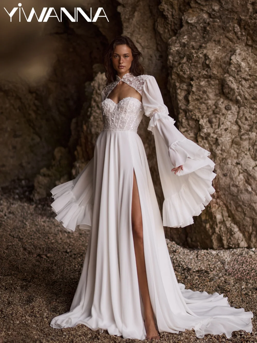 

Сверкающее свадебное платье из шифона с бисером, с отстегивающимися рукавами, А-силуэт, длинное, на заказ, с вырезом «сердечко», для невесты