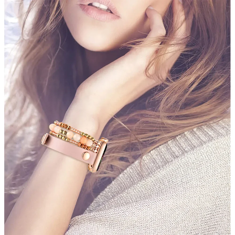 Leather+Jewellery Strap for Apple Watch Band Ultra 49mm 10 46mm 42mm Bracelet iWatch for 9 8 7 45mm 41mm 6 5 4 SE 44mm 40mm Belt