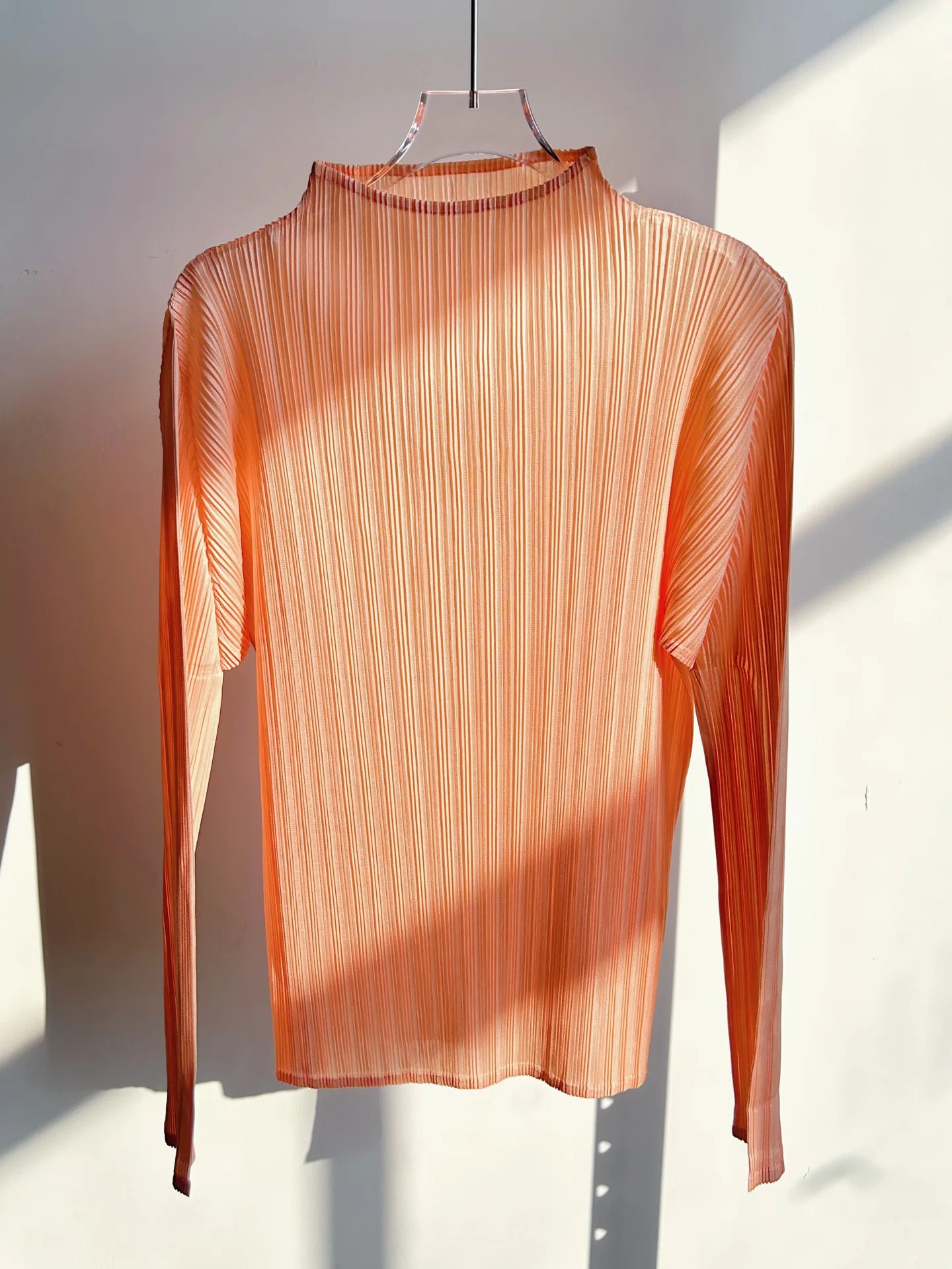YUDX Sleek Black Miyake Pleated High Neck Long Sleeve Top Lightweight Wrinkle-Resistant Women's Casual Minimalist Stylish Blouse