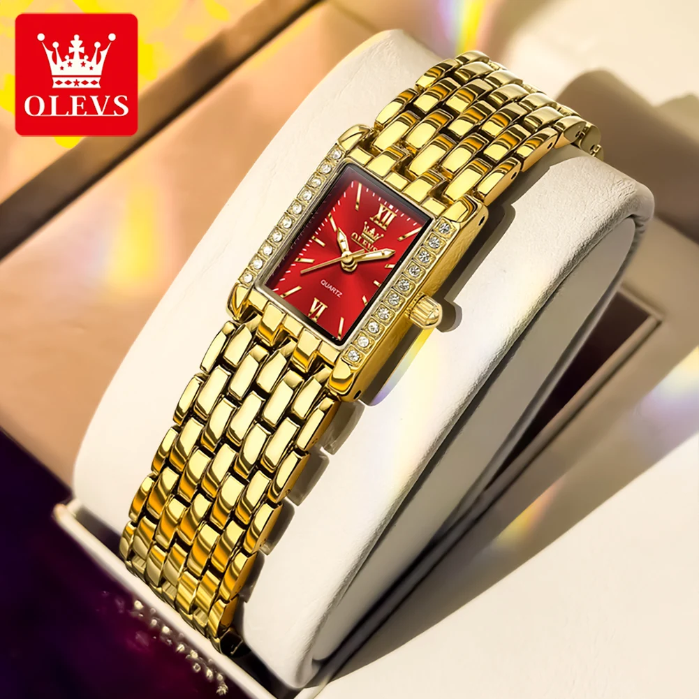 OLEVS Original Women Watches Gold Red Square Quartz Watch Waterproof Stainless Steel Watches For Woman Diamond Bezel Clock