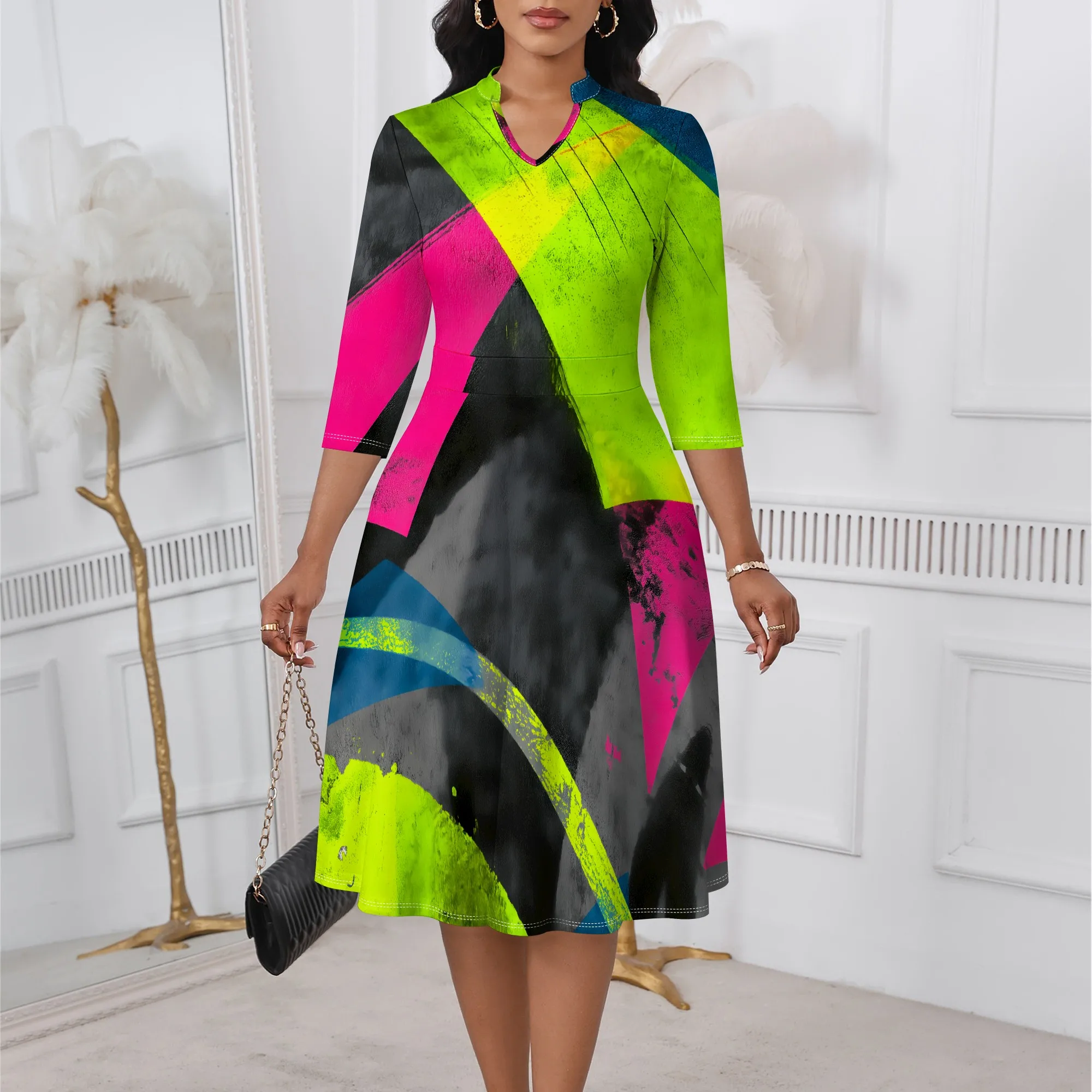 

Neon Graffiti Print A-Line Dress XS-3XL 3/4 Sleeve Trendy Style for Music Festival, Streetwear Party or Creative Summer Look